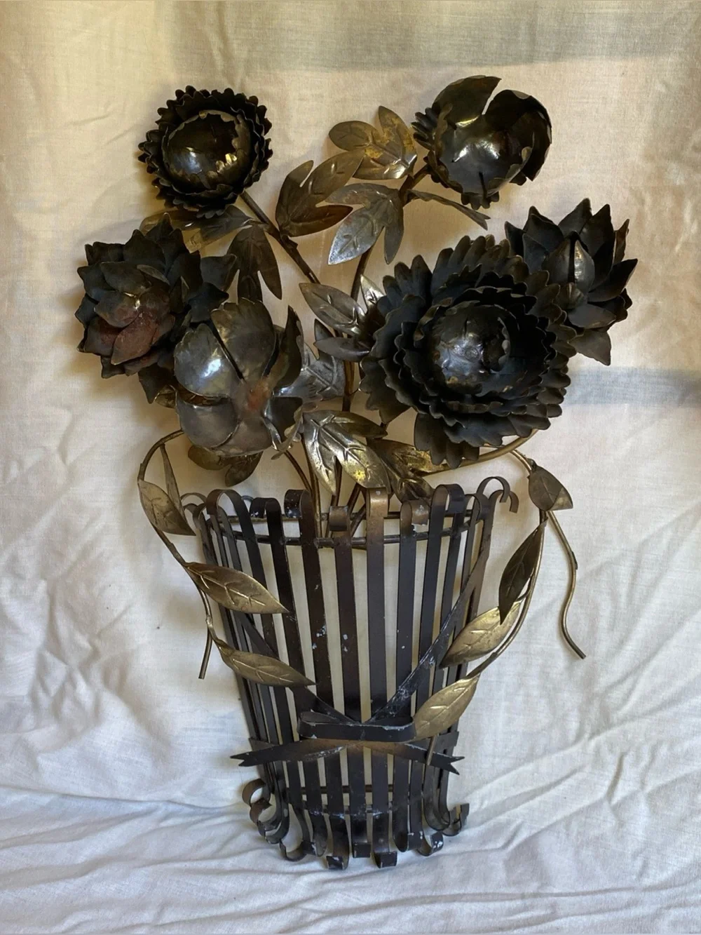 Vintage Mid Century Metal Floral Wall Art Basket Hollywood Regency Flowers